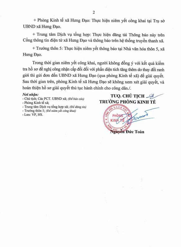 THÔNG BÁO
Về việc niêm yết danh sách công khai kết quả kiểm tra hồ sơ đề nghị công nhận cấp đổi đối với phần diện tích tăng thêm do thay đổi ranh giới của hộ ông Nguyễn Hữu Ân tại thôn 5, xã Hưng Đạo, Thành phố Hà Nội- Ảnh 2.