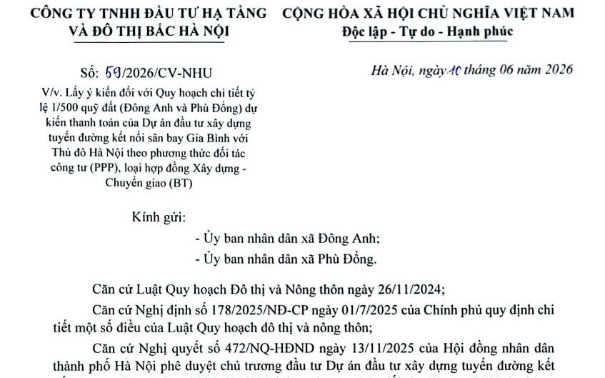Về việc tổ chức lấy ý kiến đối với Quy hoạch chi tiết tỷ lệ 1/500 Quỹ đất (Đông Anh và Phù Đổng)