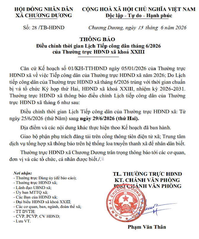 THÔNG BÁO Điều chỉnh thời gian Lịch Tiếp công dân tháng 6/2026 của Thường trực HĐND xã khoá XXIII- Ảnh 1.
