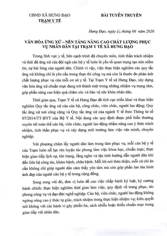 VĂN HÓA ỨNG XỬ – NỀN TẢNG NÂNG CAO CHÁT LƯỢNG PHỤC VỤ NHÂN DÂN TẠI TRẠM Y TẾ XÃ HƯNG ĐẠO- Ảnh 1.