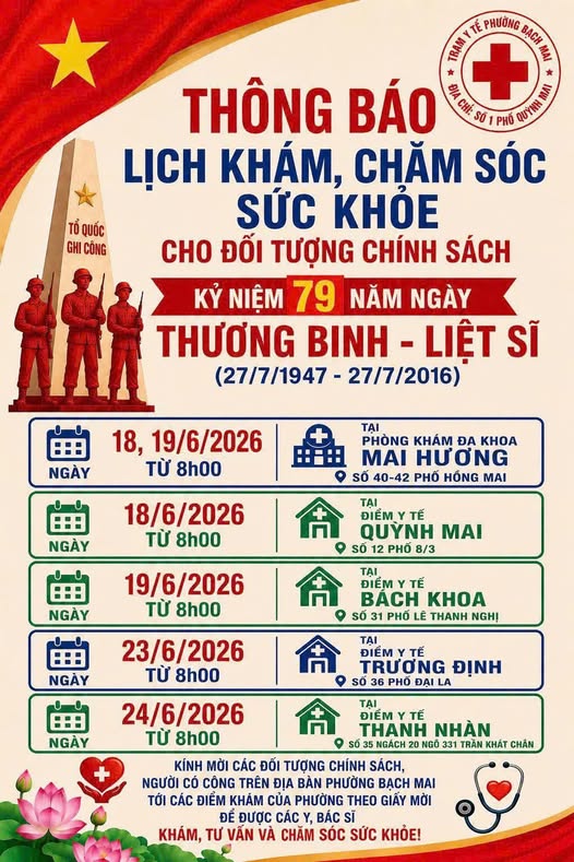 Thông báo Lịch Khám, chăm sóc sức khoẻ cho đối tượng chính sách nhân Kỷ niệm 79 năm ngày Thương binh - Liệt sỹ (27/7/1947 - 27/7/2026).- Ảnh 1.