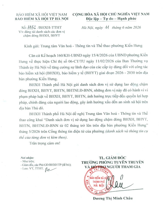 Thông báo đăng tải danh sách các đơn vị trên địa bàn phường Kiến Hưng chậm đóng BHXH, BHYT- Ảnh 1.