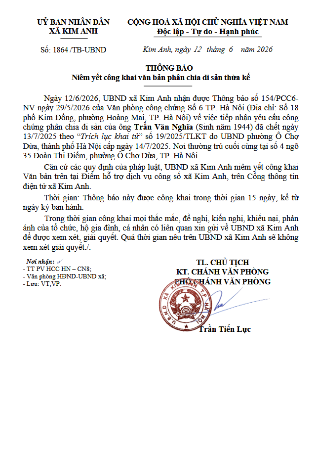 Thông báo Niêm yết công khai văn bản phân chia di sản thừa kế của ông Trần Văn Nghĩa (sinh năm 1944) tại xã Kim Anh, thành phố Hà Nội- Ảnh 1.