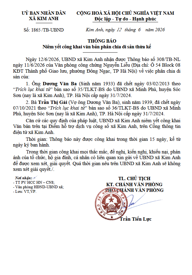 Thông báo Niêm yết công khai văn bản phân chia di sản thừa kế của ông Dương Văn Ba (sinh năm 1933) và bà Trần Thị Gái (sinh năm 1939) tại xã Kim Anh, thành phố Hà Nội- Ảnh 1.