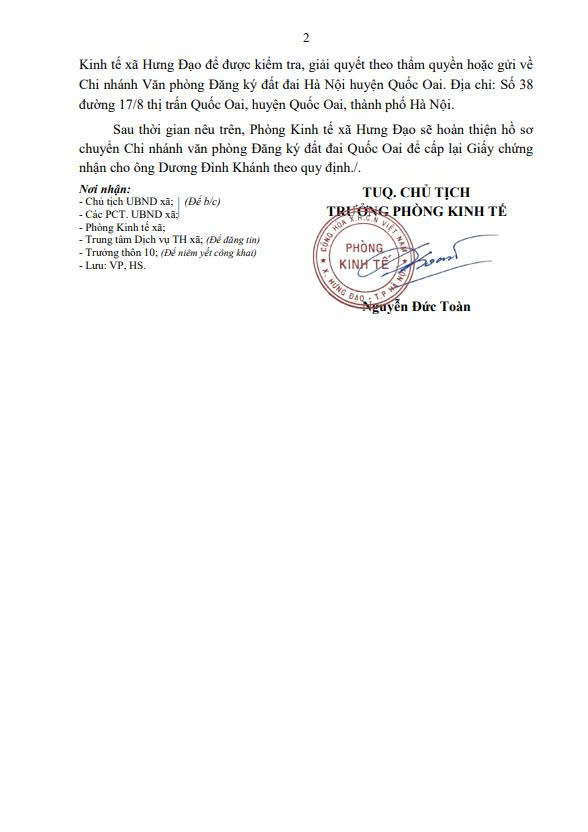 THÔNG BÁO
Về việc niêm yết công khai mất Giấy chứng nhận quyền sử dụng đất của ông Dương Đình Khánh tại xã Tân Hòa cũ (nay là xã Hưng Đạo), TP. Hà Nội- Ảnh 2.