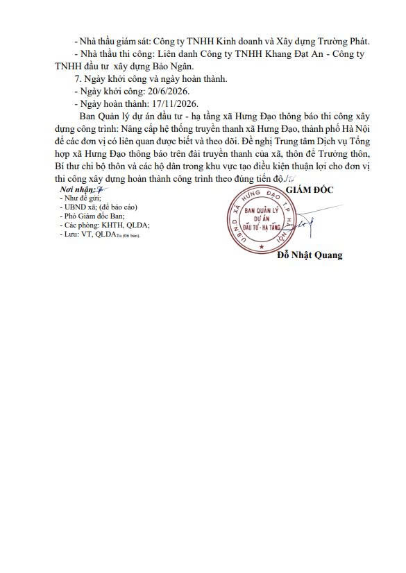 THÔNG BÁO
Về việc khởi công xây dựng công trình: Nâng cấp hệ thống truyền thanh xã Hưng Đạo, thành phố Hà Nội.- Ảnh 2.