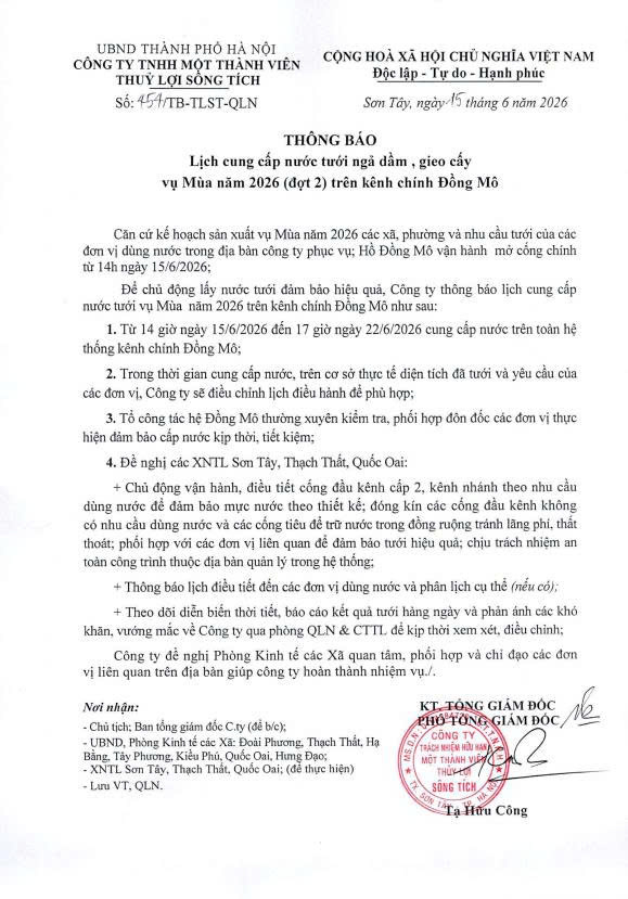 THÔNG BÁO
Lịch cung cấp nước tưới ngã dầm, gieo cấy vụ Mùa năm 2026 (đợt 2) trên kênh chính Đồng Mô- Ảnh 1.