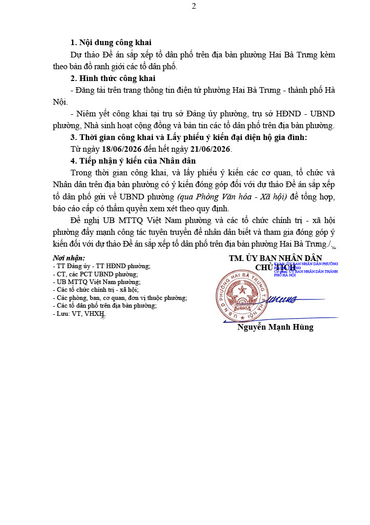 Thông báo về việc lấy phiếu ý kiến nhân dân và niêm yết công khai dự thảo Đề án sắp xếp tổ dân phố trên địa bàn phường Hai Bà Trưng- Ảnh 2.