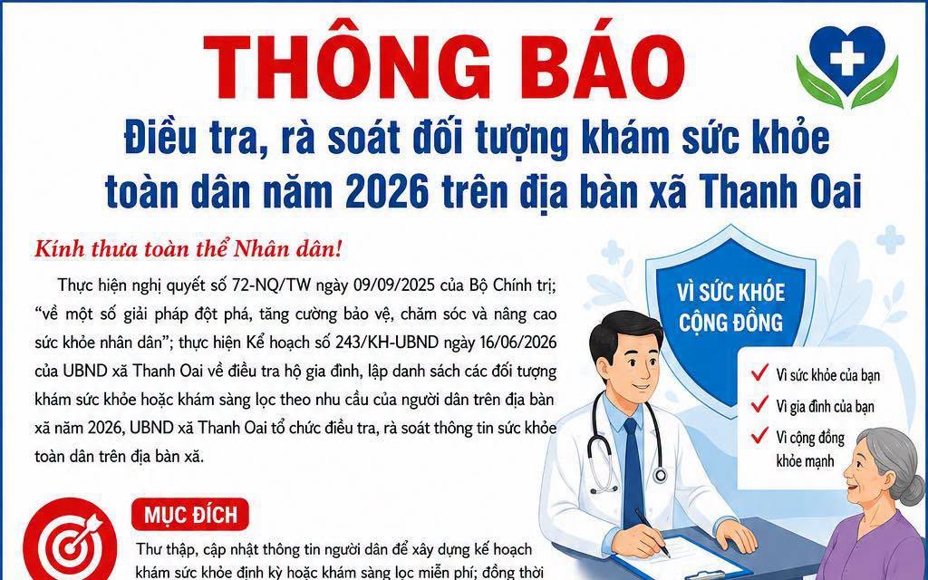 THÔNG BÁO Về việc điều tra, rà soát đối tượng khám sức khỏe toàn dân năm 2026 trên địa bàn xã Thanh Oai