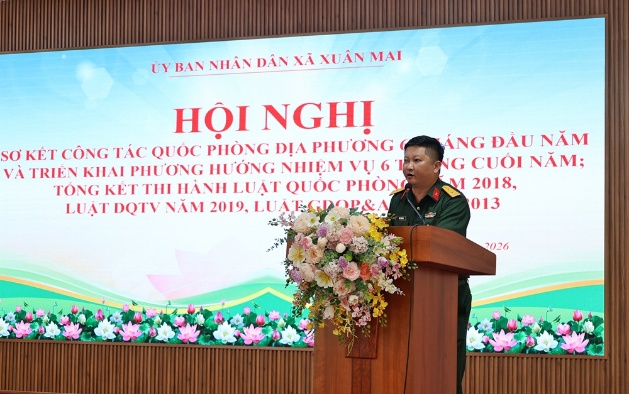 Xuân Mai Sơ kết công tác Quân sự, quốc phòng địa phương 6 tháng đầu năm; Tổng kết thi hành Luật Quốc phòng năm 2018, Luật DQTV năm 2019, Luật GDQP&AN năm 2013- Ảnh 3.