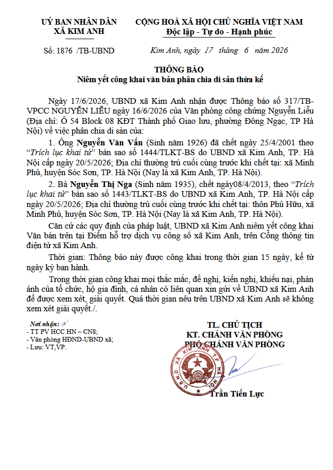 Thông báo Niêm yết công khai văn bản phân chia di sản thừa kế của ông Nguyễn Văn Vấn (sinh năm 1926) và bà Nguyễn Thị Nga (sinh năm 1935) tại xã Kim Anh, thành phố Hà Nội- Ảnh 1.