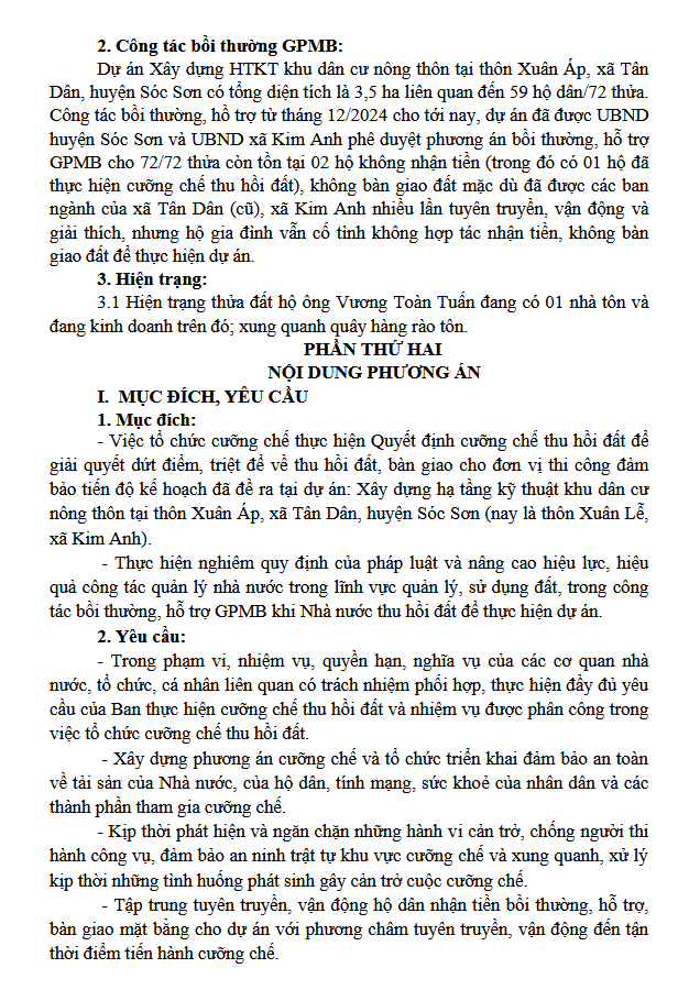Phương án tổ chức cưỡng chế thu hồi đất để thực hiện dự án: Xây dựng hạ tầng kỹ thuật khu dân cư nông thôn tại thôn Xuân Áp, xã Tân Dân, huyện Sóc Sơn (nay là thôn Xuân Lễ, xã Kim Anh)- Ảnh 3.