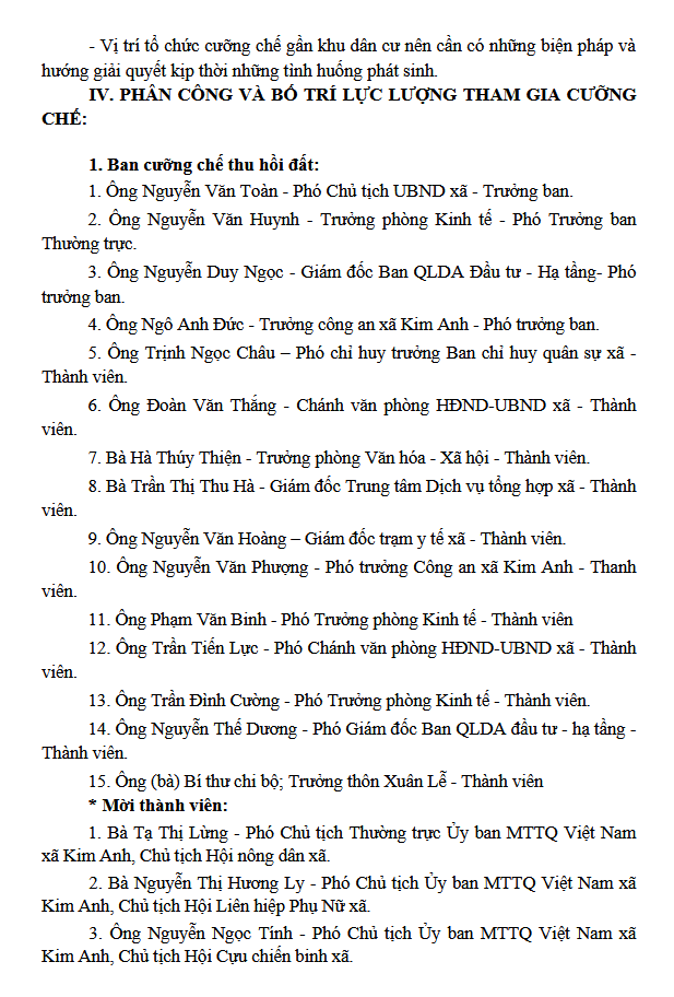 Phương án tổ chức cưỡng chế thu hồi đất để thực hiện dự án: Xây dựng hạ tầng kỹ thuật khu dân cư nông thôn tại thôn Xuân Áp, xã Tân Dân, huyện Sóc Sơn (nay là thôn Xuân Lễ, xã Kim Anh)- Ảnh 5.