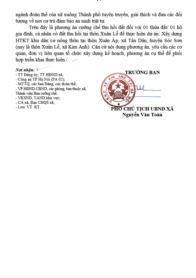 Phương án tổ chức cưỡng chế thu hồi đất để thực hiện dự án: Xây dựng hạ tầng kỹ thuật khu dân cư nông thôn tại thôn Xuân Áp, xã Tân Dân, huyện Sóc Sơn (nay là thôn Xuân Lễ, xã Kim Anh)- Ảnh 14.