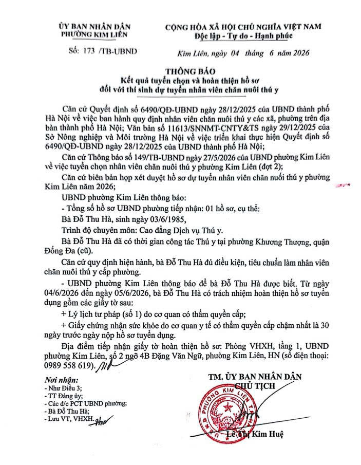 Phường Kim Liên: Thông báo kết quả tuyển chọn và hoàn thiện hồ sơ dôi với thí sinh dự tuyển nhân viên chăn nuôi thú y- Ảnh 1.