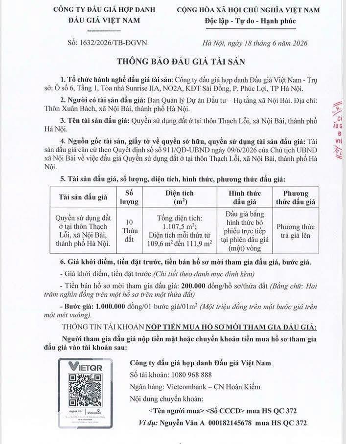 THÔNG BÁO MỜI ĐẤU GIÁ QUYỀN SỬ DỤNG ĐẤT TẠI THÔN THẠCH LỖI, XÃ NỘI BÀI- Ảnh 1.