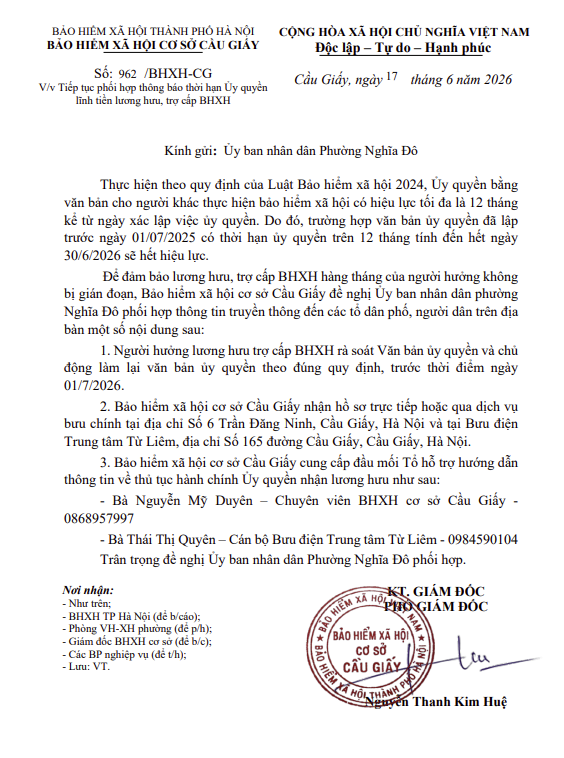 THÔNG BÁO VỀ THỜI HẠN ỦY QUYỀN NHẬN LƯƠNG HƯU, TRỢ CẤP BẢO HIỂM XÃ HỘI- Ảnh 1.