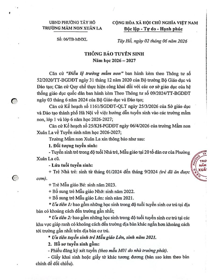 Thông báo tuyển sinh năm học 2026 - 2027: Trường Mầm Non Xuân La - Nơi gửi trọn niềm tin- Ảnh 2.