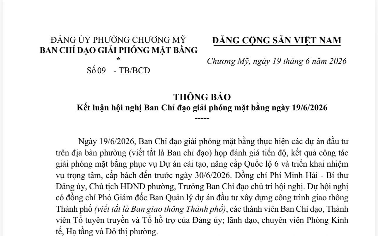 Thông báo kết luận hội nghị Ban Chỉ đạo giải phóng mặt bằng ngày 19/6/2026