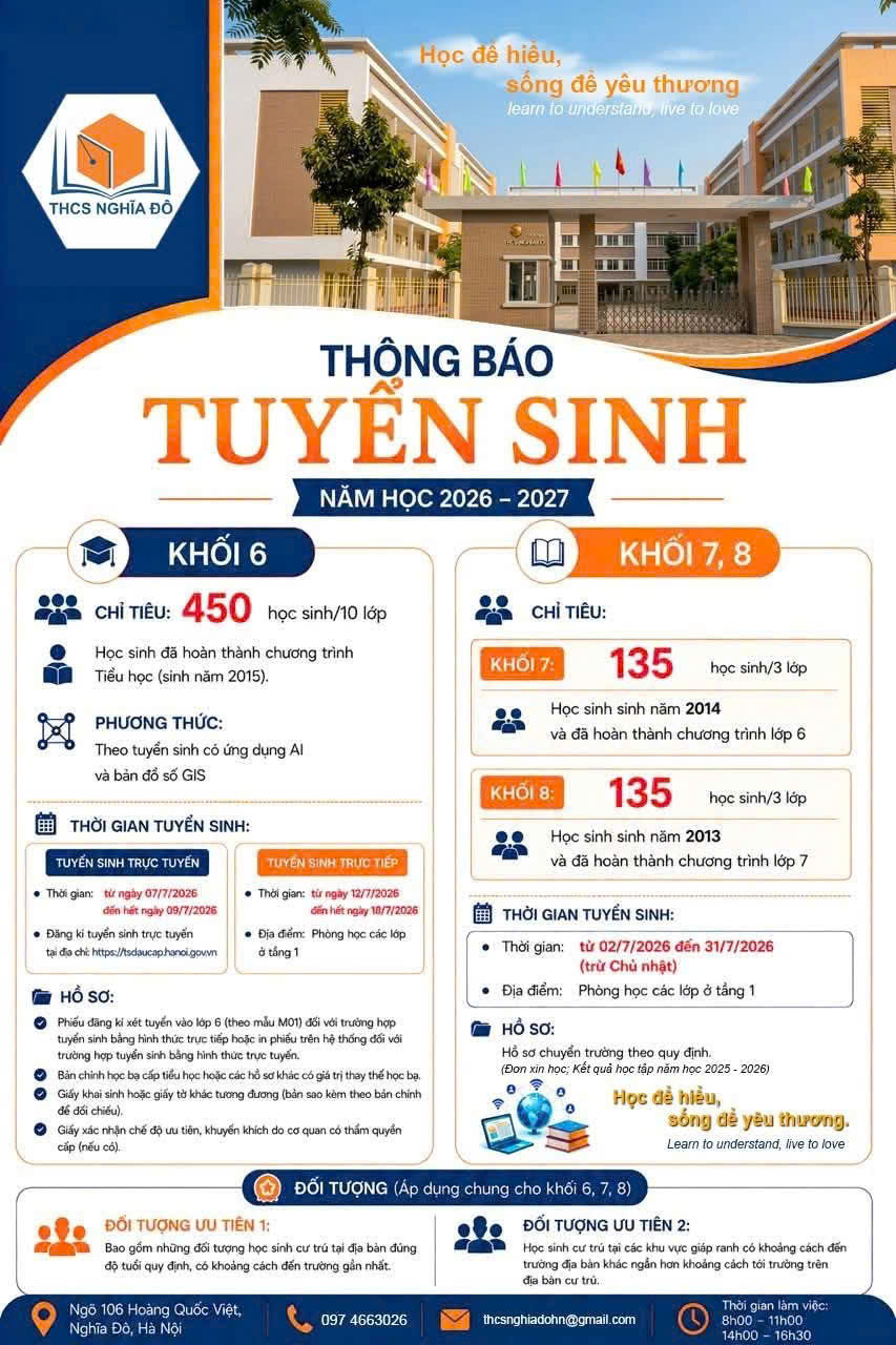 TRƯỜNG THCS NGHĨA ĐÔ THÔNG BÁO TUYỂN SINH NĂM HỌC 2026 – 2027- Ảnh 2.