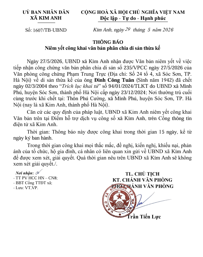 Thông báo niêm yết công khai văn bản phân chia di sản thừa kế của ông Đinh Công Tuân (sinh năm 1942) tại xã Kim Anh, thành phố Hà Nội- Ảnh 1.