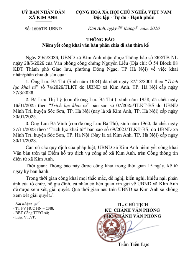 Thông báo niêm yết công khai văn bản phân chia di sản thừa kế của ông Lưu Bá Thi (sinh năm 1942), bà Lưu Thị Lý (sinh năm 1958), ông Lưu Bá Vinh (sinh năm 1960) tại xã Kim Anh, thành phố Hà Nội.- Ảnh 1.