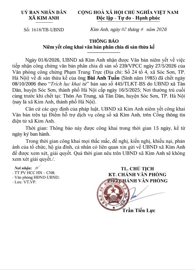 Thông báo niêm yết công khai văn bản phân chia di sản thừa kế của ông Bùi Anh Tuấn (sinh năm 1985) tại xã Kim Anh, thành phố Hà Nội.- Ảnh 1.