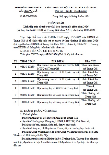 THÔNG BÁO LỊCH TIẾP XÚC CỬ TRI TRƯỚC KỲ HỌP THƯỜNG LỆ GIỮA NĂM 2026 (KỲ HỌP THỨ 2) HĐND XÃ TRUNG GIÃ KHÓA XXII, NHIỆM KỲ 2026 - 2031- Ảnh 1.