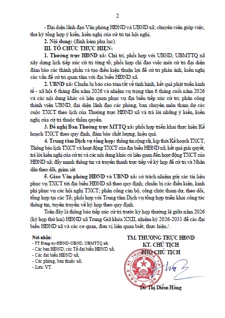 THÔNG BÁO LỊCH TIẾP XÚC CỬ TRI TRƯỚC KỲ HỌP THƯỜNG LỆ GIỮA NĂM 2026 (KỲ HỌP THỨ 2) HĐND XÃ TRUNG GIÃ KHÓA XXII, NHIỆM KỲ 2026 - 2031- Ảnh 2.