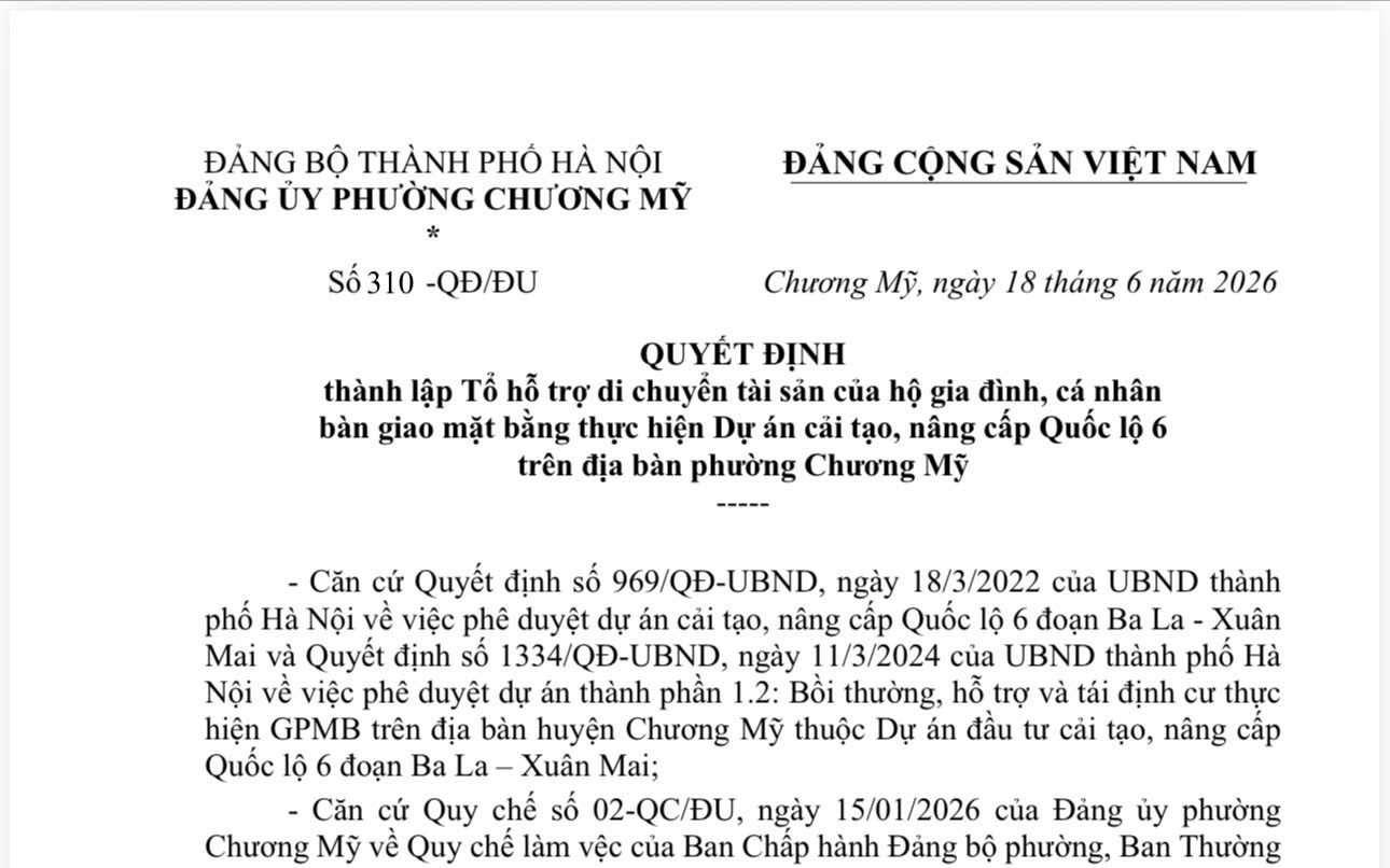 Phường Chương Mỹ thành lập Tổ hỗ trợ di chuyển tài sản của hộ gia đình, cá nhân bàn giao mặt bằng thực hiện Dự án cải tạo, nâng cấp Quốc lộ 6