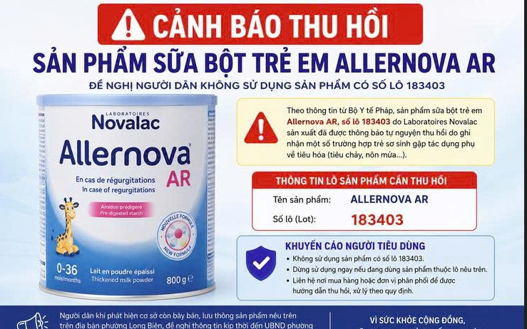 Cảnh báo thu hồi sản phẩm sữa  ALLERNOVA AR Số lô 183403