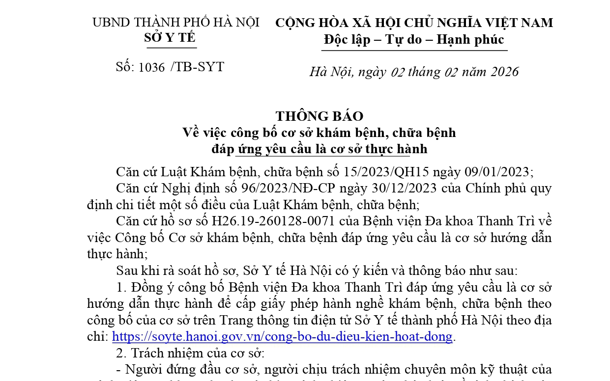 Sở Y tế Hà Nội công bố Bệnh viện Đa khoa Thanh Trì đủ điều kiện là cơ sở hướng dẫn thực hành khám bệnh, chữa bệnh