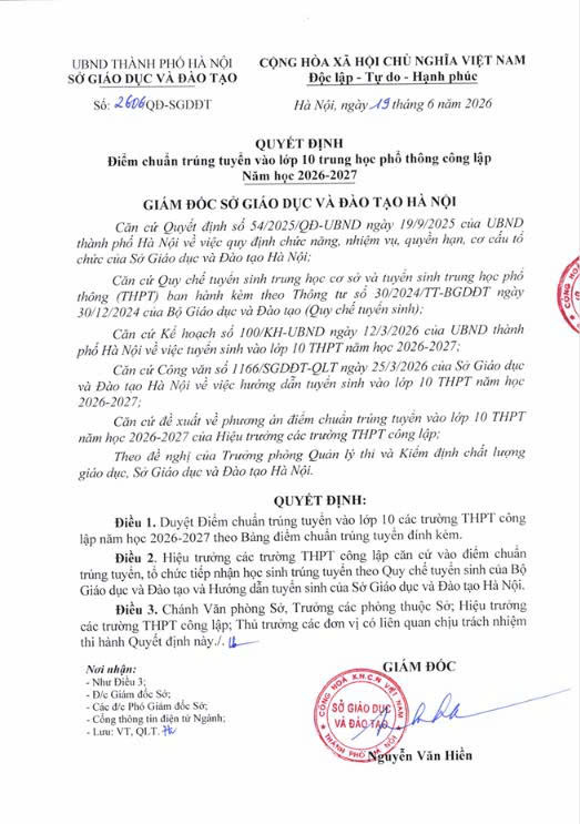
Sở Giáo dục và Đào tạo Hà Nội công bố điểm chuẩn trúng tuyển vào lớp 10 Trung học Phổ thông Công lập năm học 2026 - 2027.- Ảnh 1.