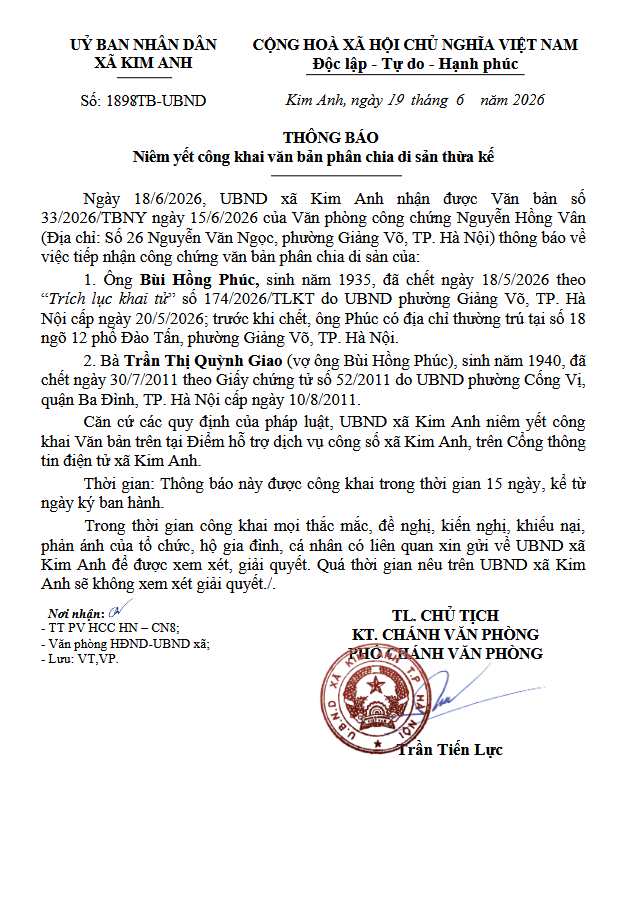 Thông báo niêm yết công khai văn bản phân chia di sản thừa kế của ông Bùi Hồng Phúc (sinh năm 1935) và bà Trần Thị Quỳnh Giao (sinh năm 1940) tại địa chỉ xã Kim Anh, thành phố Hà Nội- Ảnh 1.