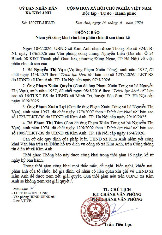 Thông báo niêm yết công khai văn bản phân chia di sản thừa kế của bà Nguyễn Thị Vạn, ông Phạm Xuân Quyền, ông Phạm Xuân Lợi, bà Phạm Thị Tám tại địa chỉ xã Kim Anh, thành phố Hà Nội- Ảnh 1.