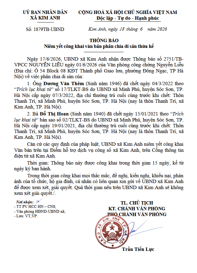 Thông báo niêm yết công khai văn bản phân chia di sản thừa kế của ông Dương Văn Thêm (sinh năm 1946) và bà Đỗ Thị Hoan (sinh năm 1940) tại địa chỉ xã Kim Anh, thành phố Hà Nội- Ảnh 1.
