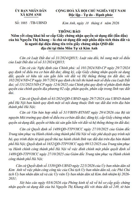 Thông báo niêm yết công khai hồ sơ cấp Giấy chứng nhận quyền sử dụng đất (lần đầu) của ông Nguyễn Trọng Phụng và bà Dương Thị Bằng- Ảnh 1.