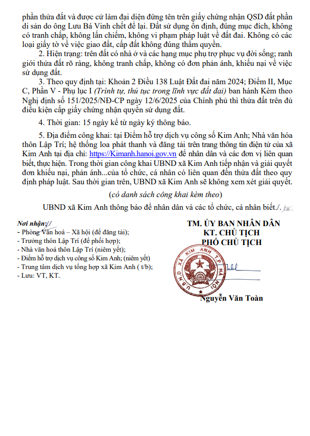 Thông báo niêm yết công khai hồ sơ đăng ký đất đai, cấp Giấy chứng nhân quyền sử dụng đất lần đầu của bà Nguyễn Thị Tuyết- Ảnh 2.