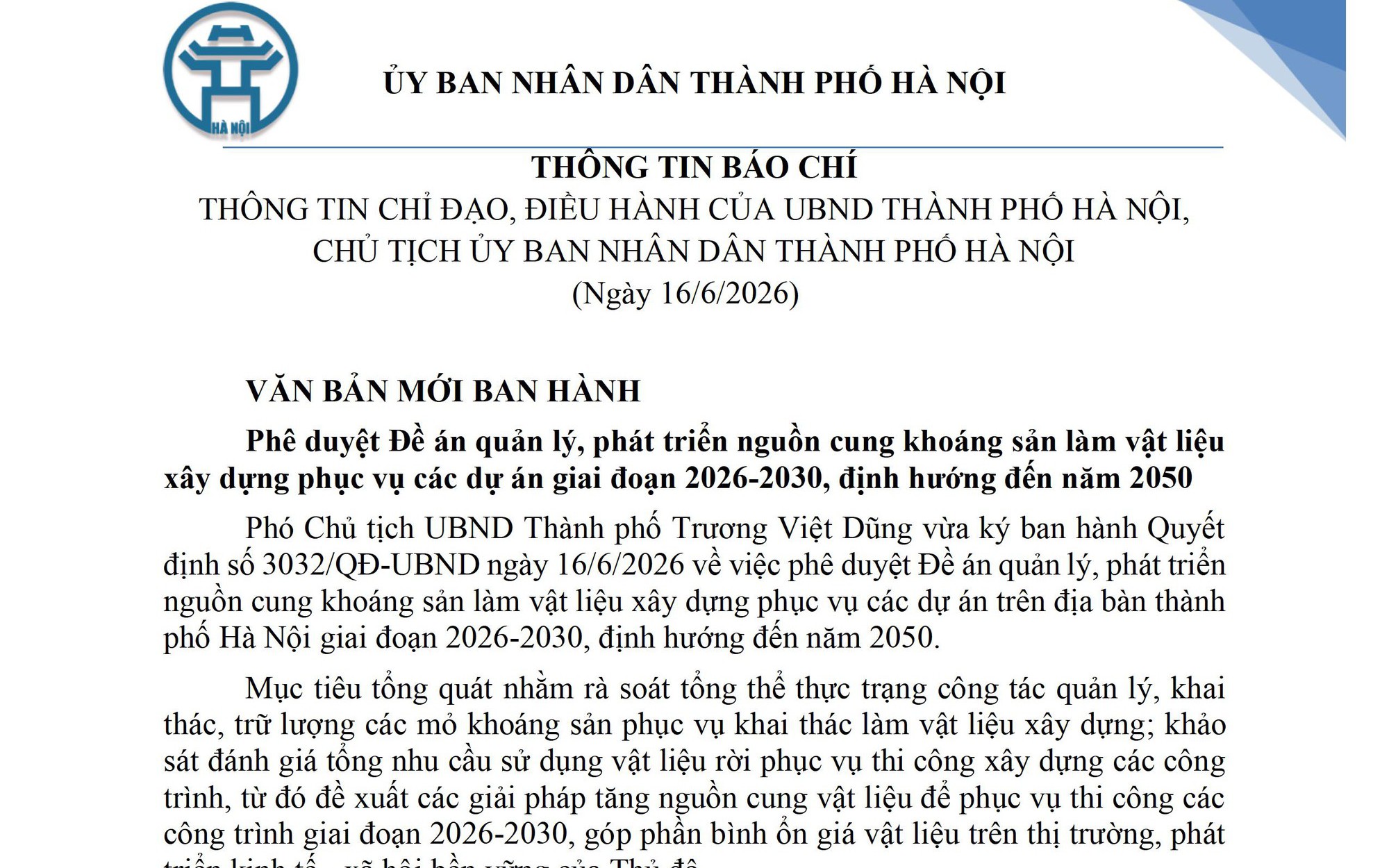 THÔNG TIN BÁO CHÍ THÔNG TIN CHỈ ĐẠO, ĐIỀU HÀNH CỦA UBND THÀNH PHỐ HÀ NỘI, CHỦ TỊCH ỦY BAN NHÂN DÂN THÀNH PHỐ HÀ NỘI (Ngày 16/6/2026)