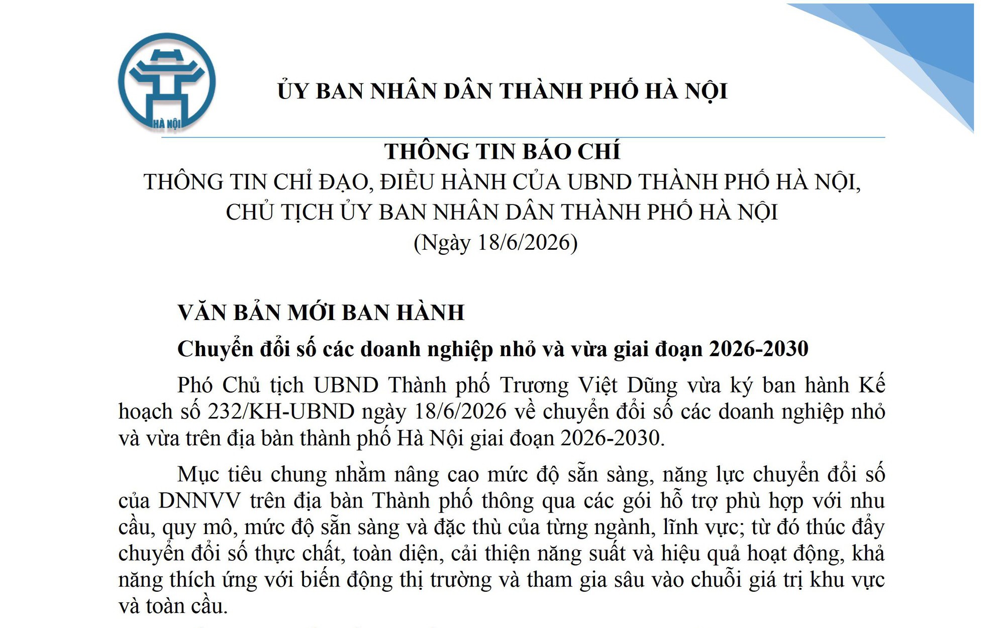 THÔNG TIN BÁO CHÍ THÔNG TIN CHỈ ĐẠO, ĐIỀU HÀNH CỦA UBND THÀNH PHỐ HÀ NỘI,  CHỦ TỊCH ỦY BAN NHÂN DÂN THÀNH PHỐ HÀ NỘI (Ngày 18/6/2026)