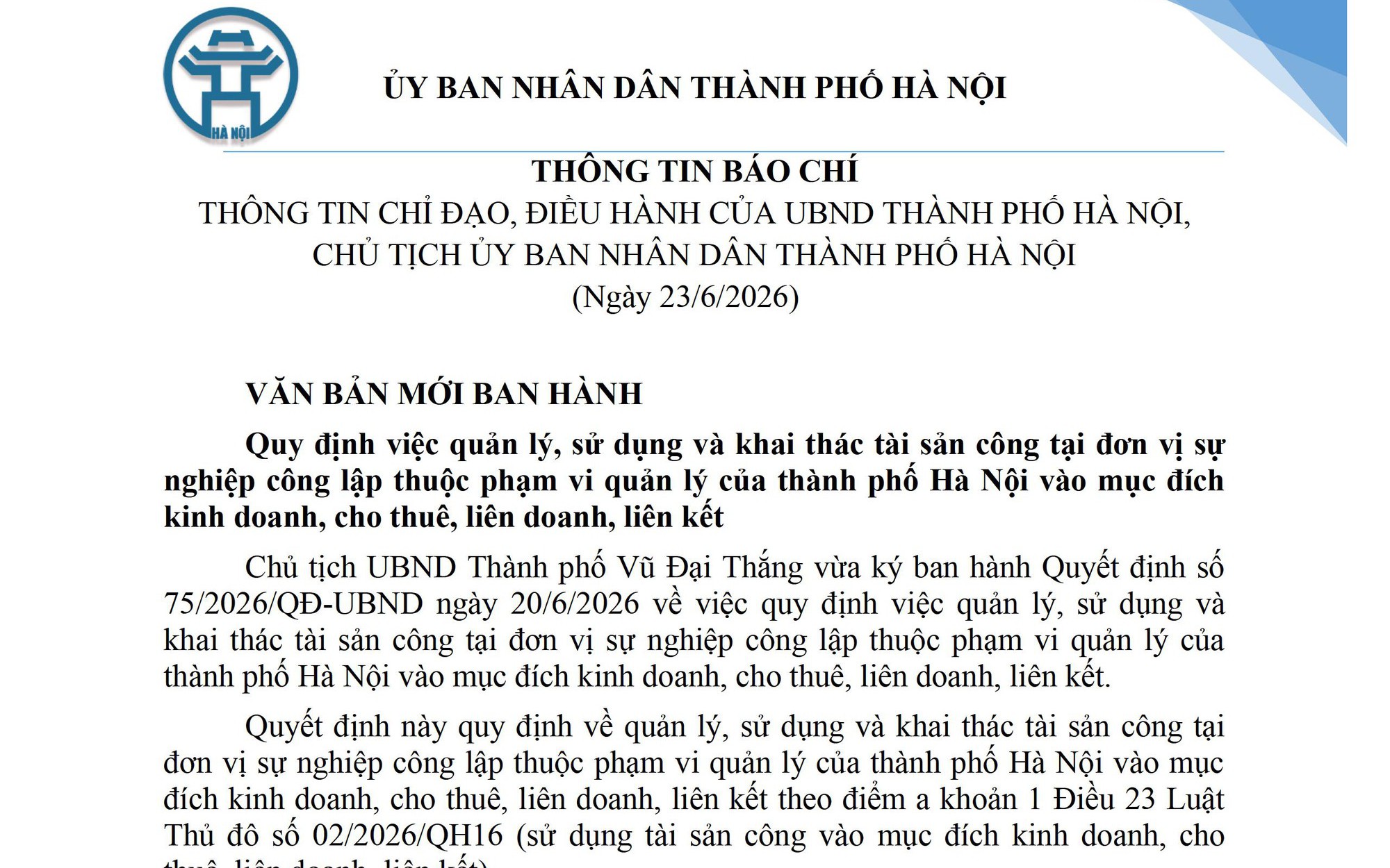 THÔNG TIN CHỈ ĐẠO, ĐIỀU HÀNH CỦA UBND THÀNH PHỐ HÀ NỘI, CHỦ TỊCH ỦY BAN NHÂN DÂN THÀNH PHỐ HÀ NỘI (Ngày 23/6/2026)