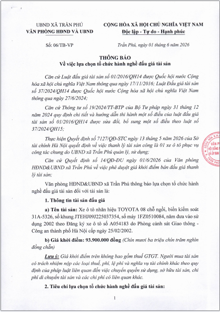 Thông báo về việc lựa chọn tổ chức hành nghề đấu giá tài sản- Ảnh 1.