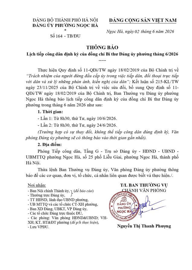 Lịch tiếp công dân định kỳ của đồng chí Bí thư Đảng ủy phường tháng 6/2026- Ảnh 1.