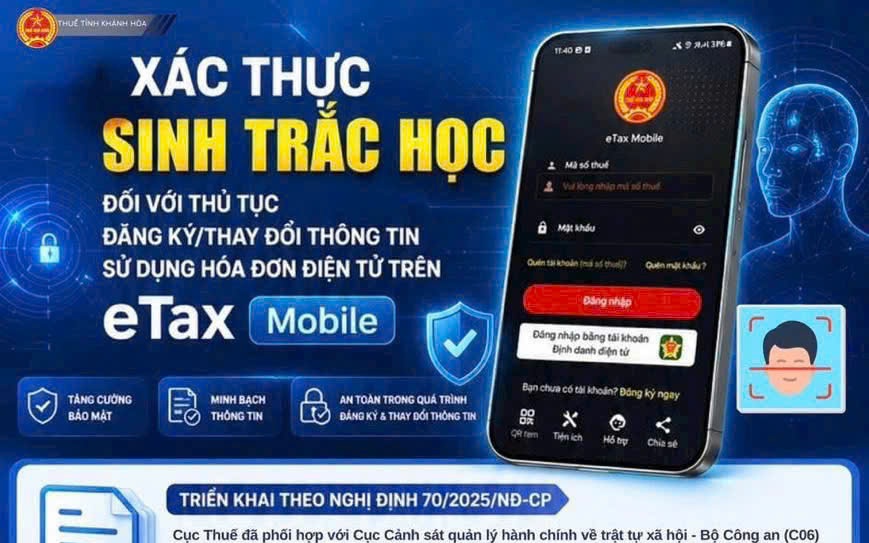 Xác thực sinh trắc học trên eTax Mobile khi đăng ký, thay đổi thông tin sử dụng hóa đơn điện tử