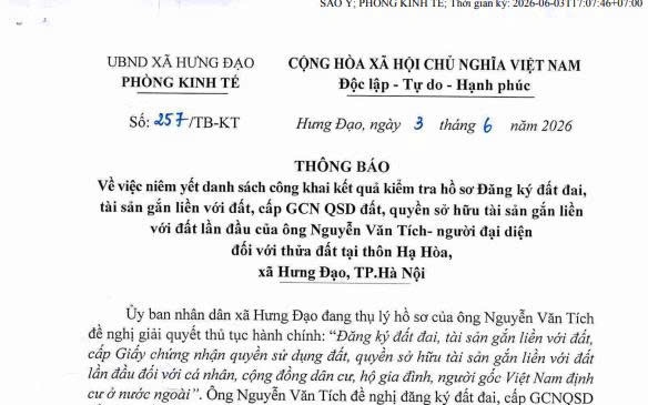 THÔNG BÁO
Về việc niêm yết danh sách công khai KQKT hồ sơ Đăng ký đất đai, tài sản gắn liền với đất, cấp GCN QSD đất, QSH TS gắn liền với đất lần đầu của ông Nguyễn Văn Tích