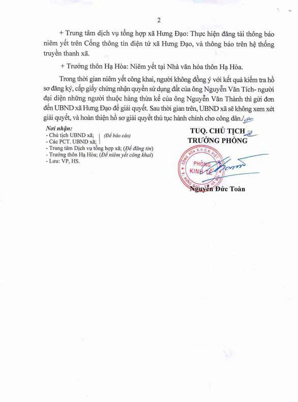 THÔNG BÁO
Về việc niêm yết danh sách công khai KQKT hồ sơ Đăng ký đất đai, tài sản gắn liền với đất, cấp GCN QSD đất, QSH TS gắn liền với đất lần đầu của ông Nguyễn Văn Tích- Ảnh 2.