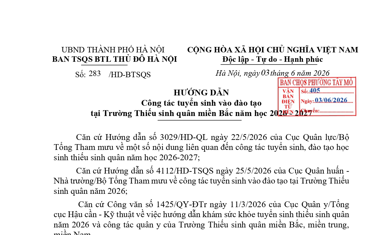 Tuyển sinh vào đào tạo tại Trường Thiếu sinh quân miền Bắc năm học 2026 - 2027