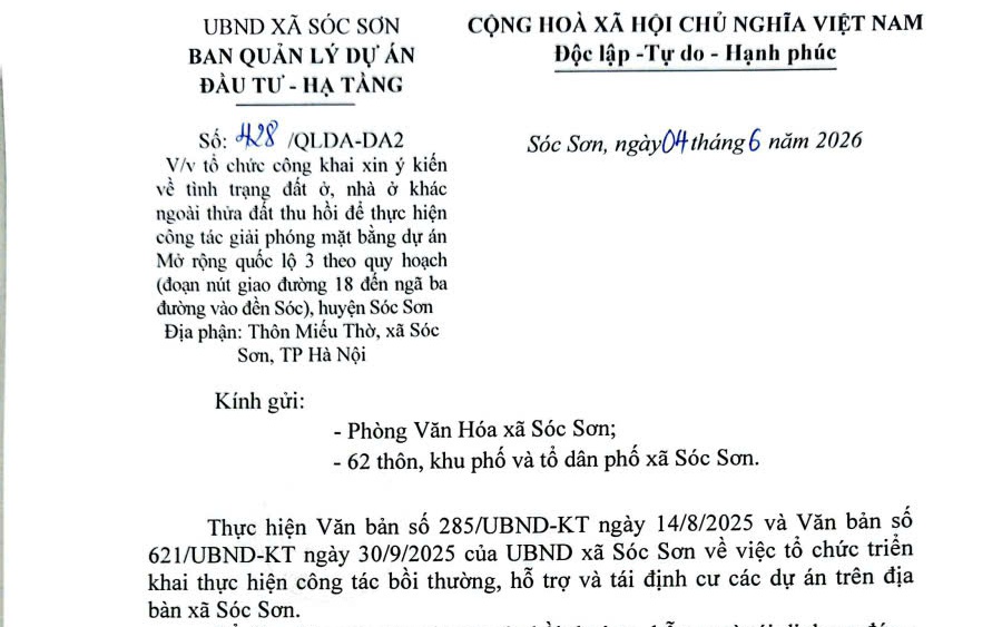 CÔNG KHAI XIN Ý KIẾN VỀ TÌNH TRẠNG ĐẤT Ở, NHÀ Ở ĐỂ THỰC HIỆN DỰ ÁN MỞ RỘNG QUỐC LỘ 3 - ĐỊA PHẬN THÔN MIẾU THỜ, XÃ SÓC SƠN.