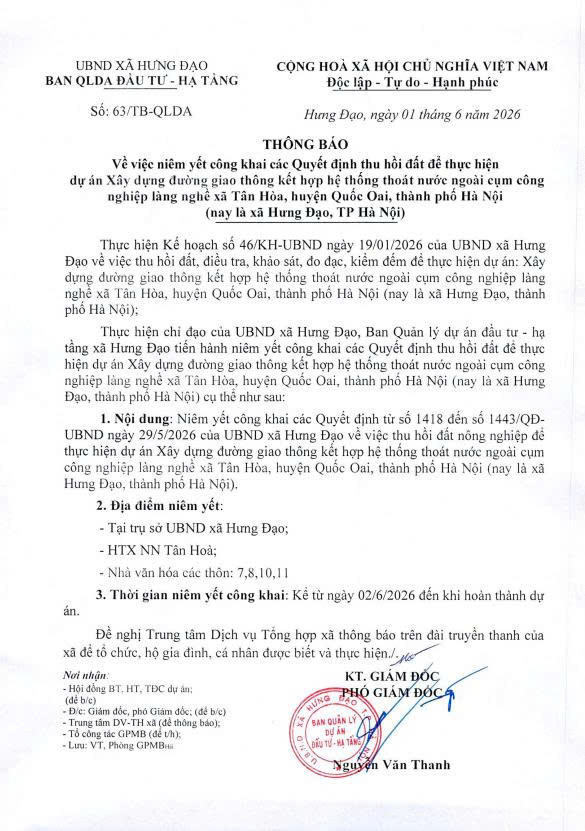 THÔNG BÁO
Về việc niêm yết công khai các Quyết định thu hồi đất để thực hiện dự án Xây dựng đường giao thông kết hợp hệ thống thoát nước ngoài cụm công nghiệp làng nghề xã Tân Hòa- Ảnh 1.