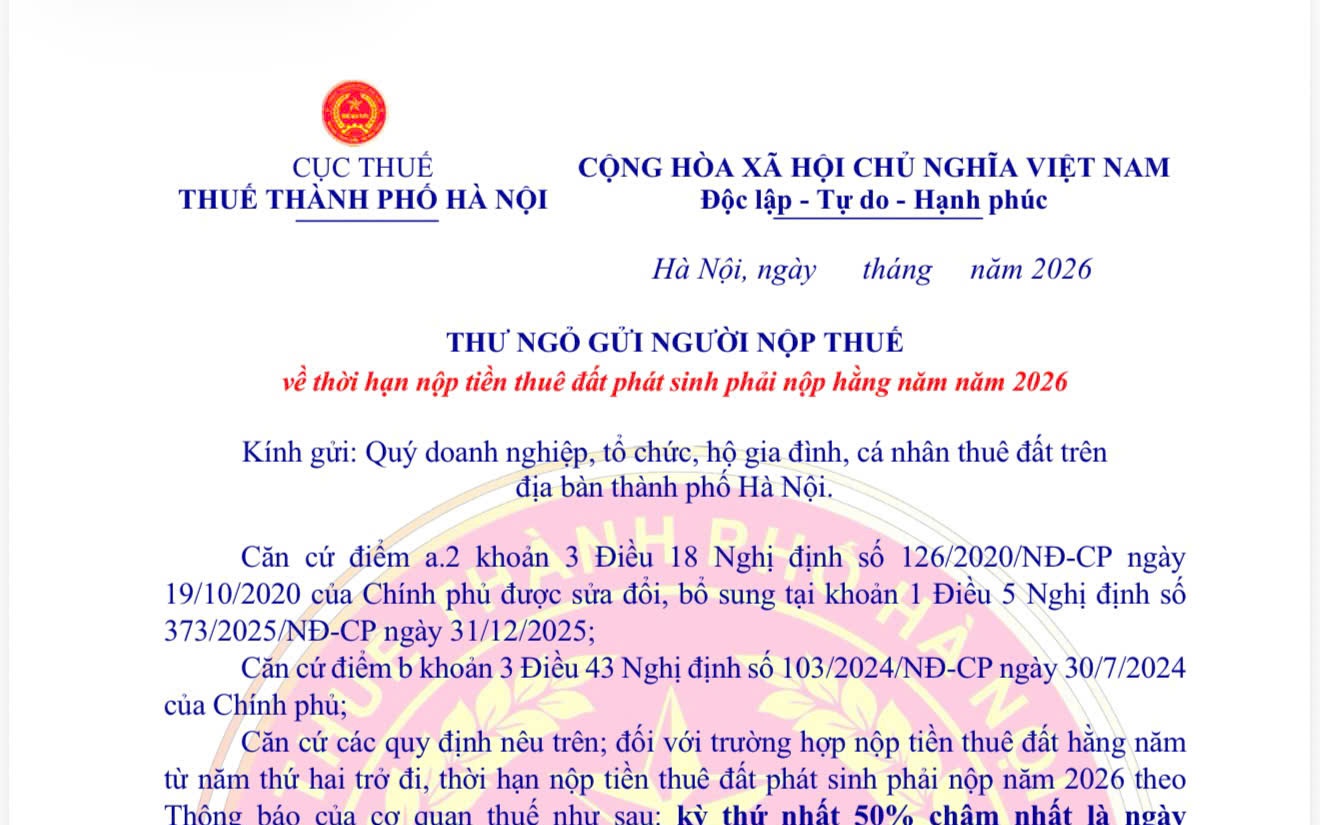 UBND Phường Tương Mai thông báo THƯ NGỎ gửi người nộp thuế về thời hạn nộp tiền thuê đất phát sinh phải nộp hằng năm năm 2026

